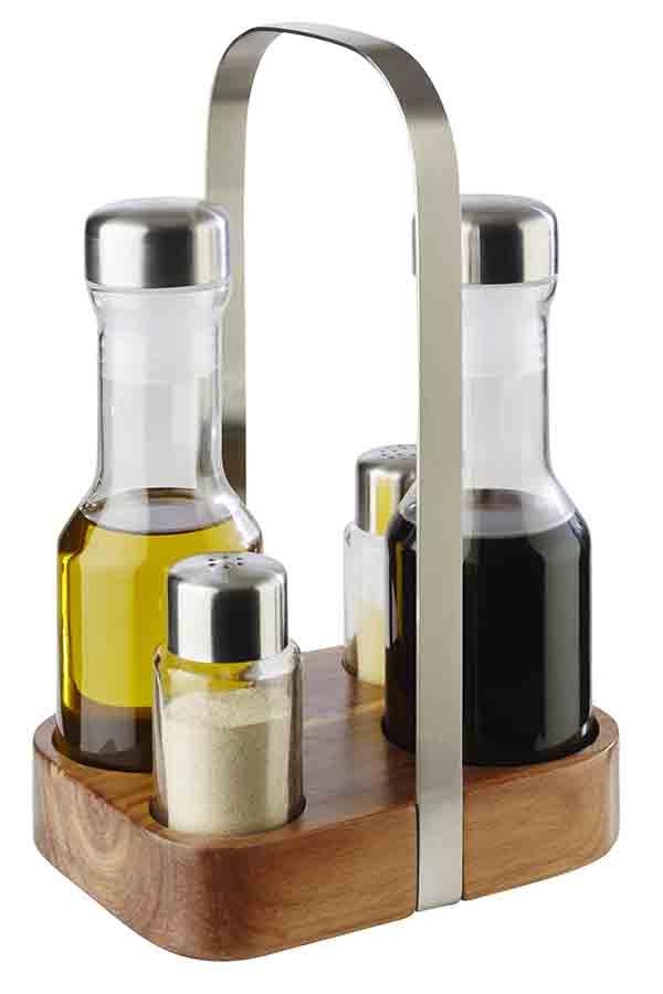 MGE Vinagrera y Recipiente para Sal y Pimienta 4 Piezas Soporte de Acero Inoxidable Set de Aceitera 
